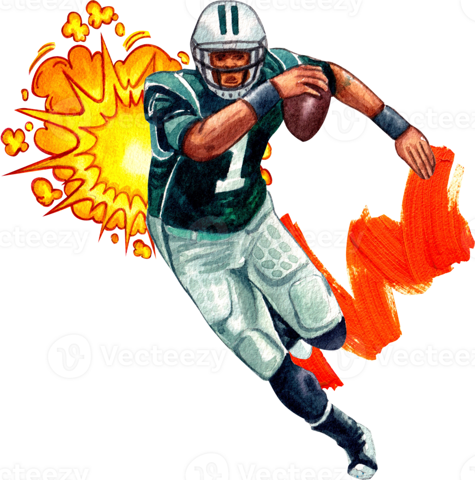 The number 1 American football player in the blue uniform runs with the ball forward. Behind him is a yellow and red explosion effect., hand-drawn watercolor painting illustration png