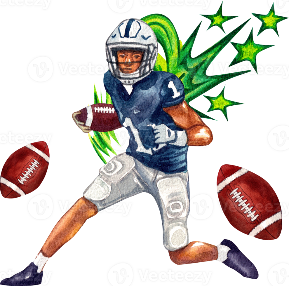 A blue American football player runs with a ball, passing two floating balls, behind with a green speed effect., hand-drawn watercolor painting illustration png