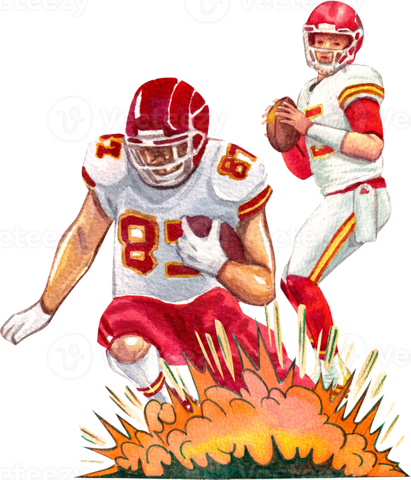 An American football player in a white uniform is passing the ball to his teammate to score. There is an explosion effect., hand-drawn watercolor painting illustration png