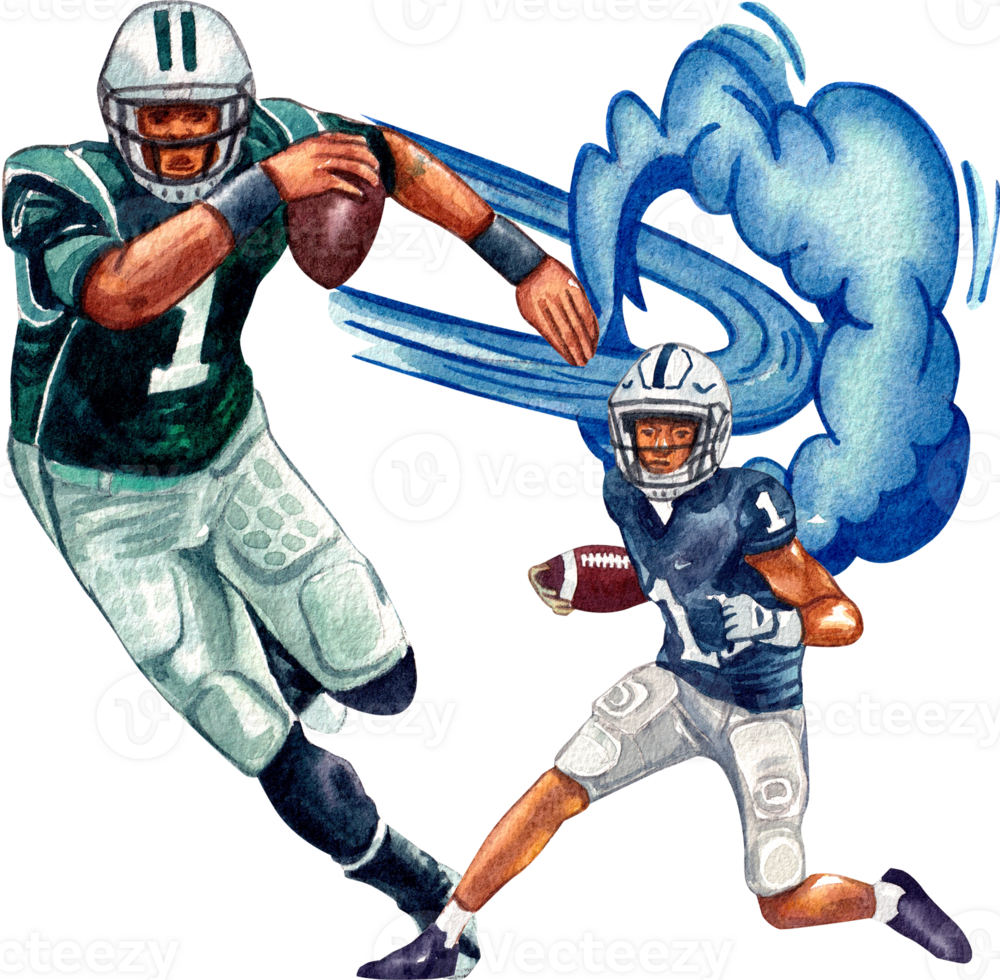 The number 1 American football player in the blue uniform is showing off his running steps, with a blue smoke effect in the background., hand-drawn watercolor painting illustration png