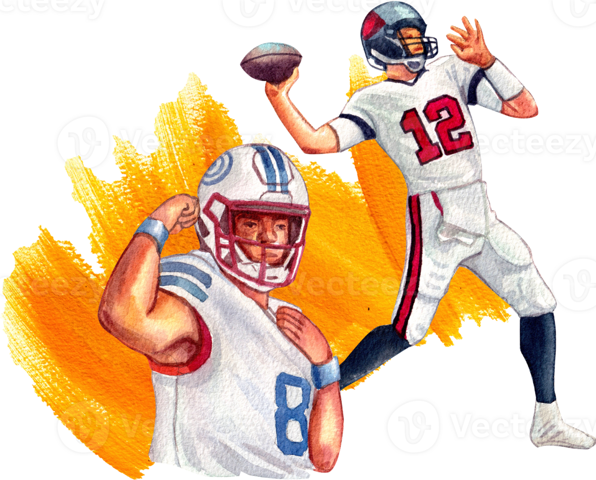 An American football player in a white uniform is passing the ball to his teammate. Another person raises his hand in celebration. There is yellow smoke behind him png