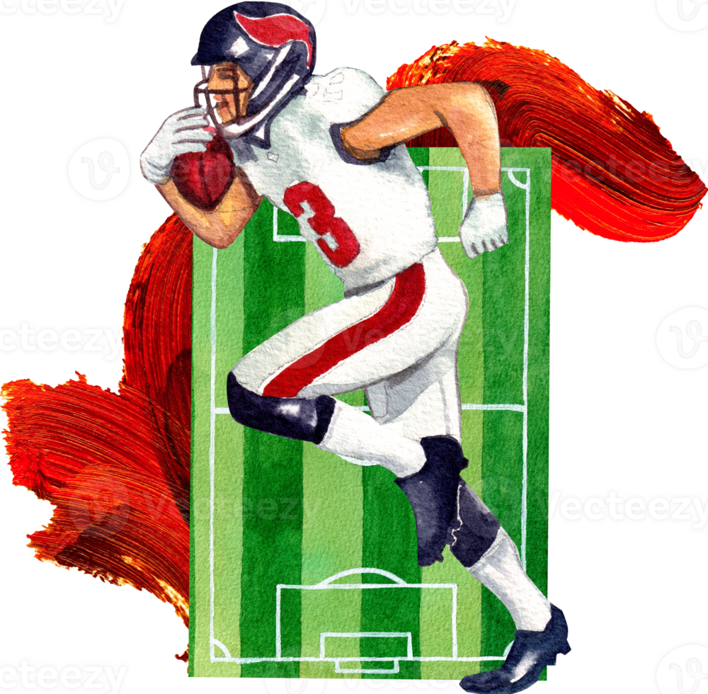 An American football player in a white uniform runs with a ball. Behind him is a field in the upper corner and behind him is red smoke., hand-drawn watercolor painting illustration png