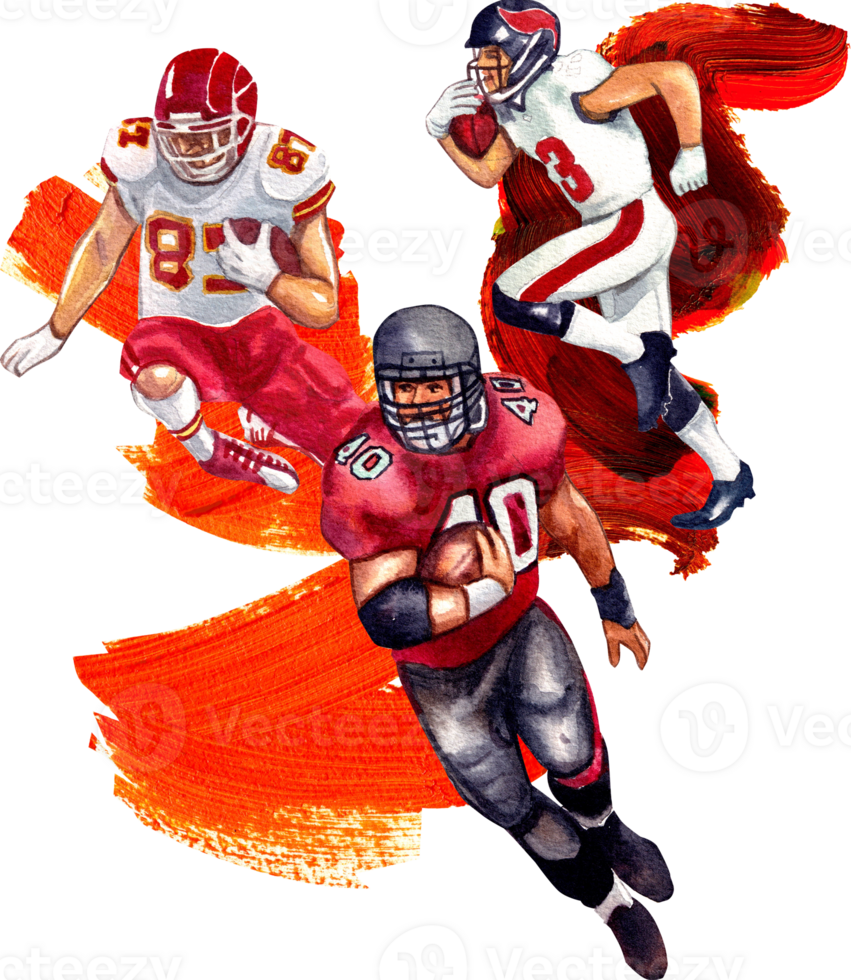 American football players in red and white uniforms are running in various poses with a ball., hand-drawn watercolor painting illustration png