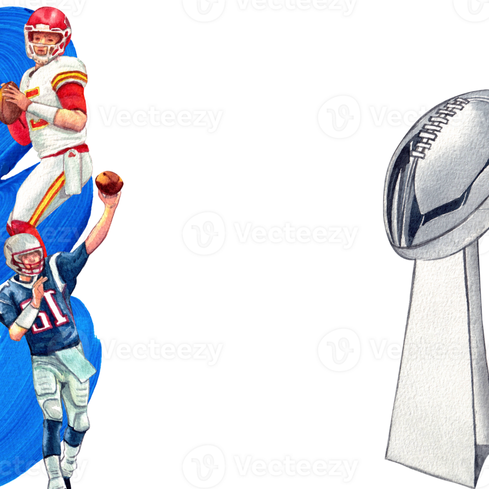 An American football player passes the ball. On the other side is a silver American football trophy., hand-drawn watercolor frame design png