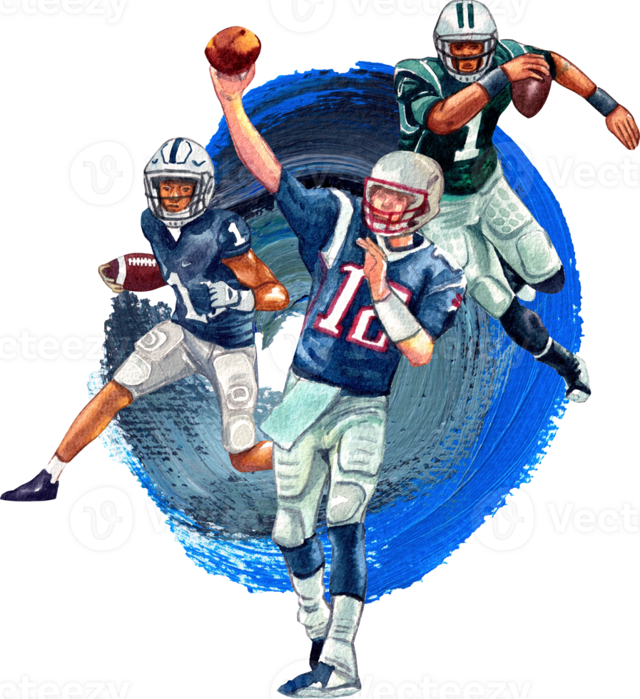 American football players in blue uniforms are running in various poses with a ball. Behind them, there is blue smoke., hand-drawn watercolor painting illustration png