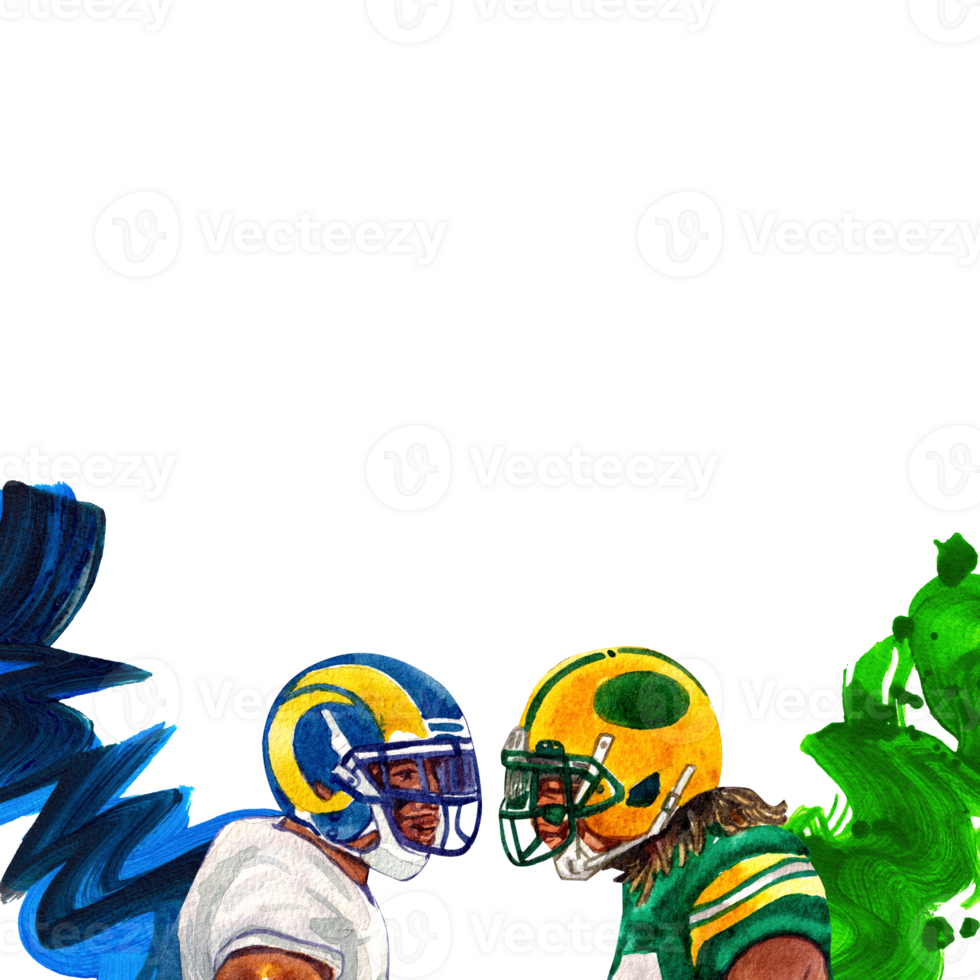 A white and blue American football player stands face to face with a green and yellow American football player, hand-drawn watercolor frame design png
