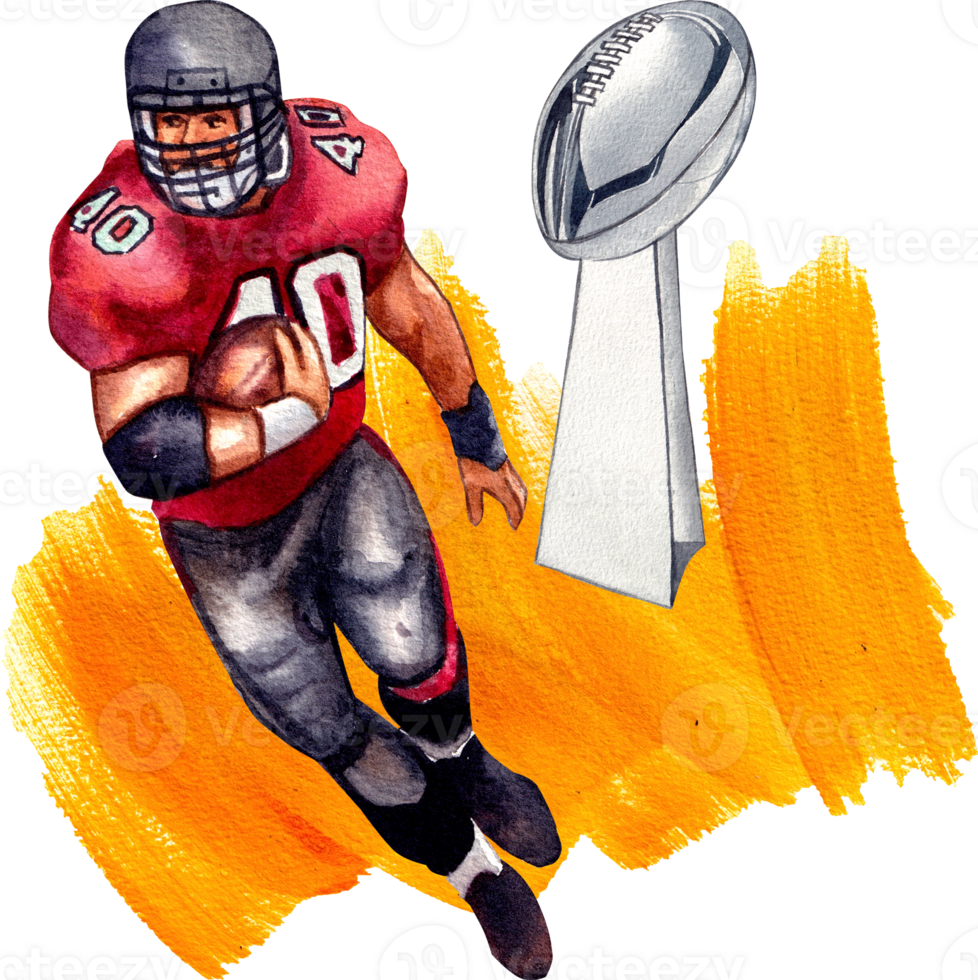 An American football player in a red uniform runs past a trophy carrying a ball, with yellow paintbrush marks behind him., hand-drawn watercolor painting illustration png