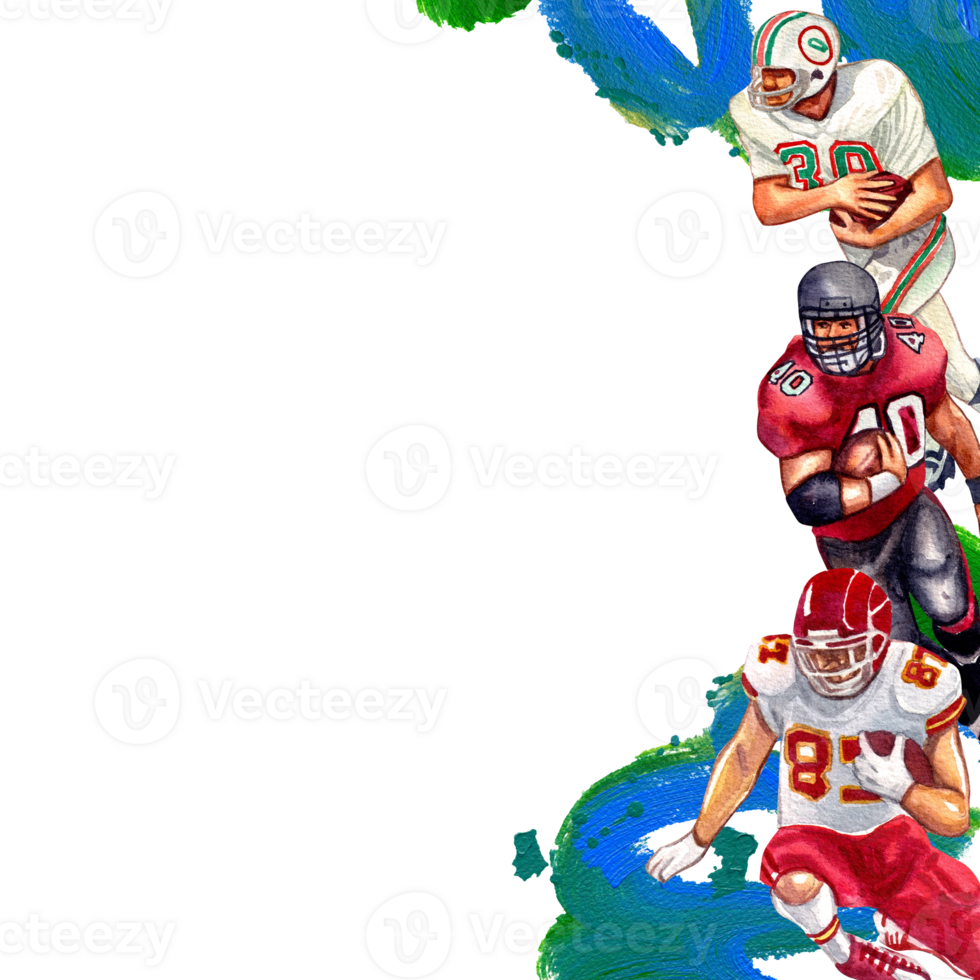 An American football player in a red and white uniform runs through blue and green smoke., hand-drawn watercolor frame design png