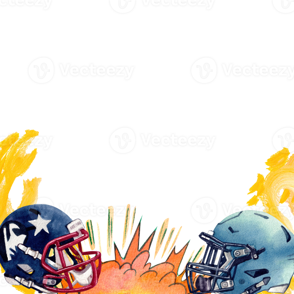 Blue and navy blue star pattern American football helmet with explosion effect, hand-drawn watercolor frame design png