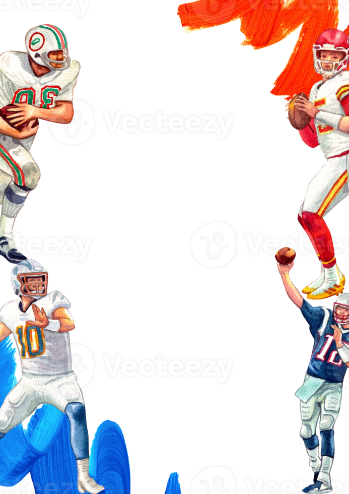 American football players from different teams perform different movements, passing, receiving, and running with the ball., hand-drawn watercolor frame design png