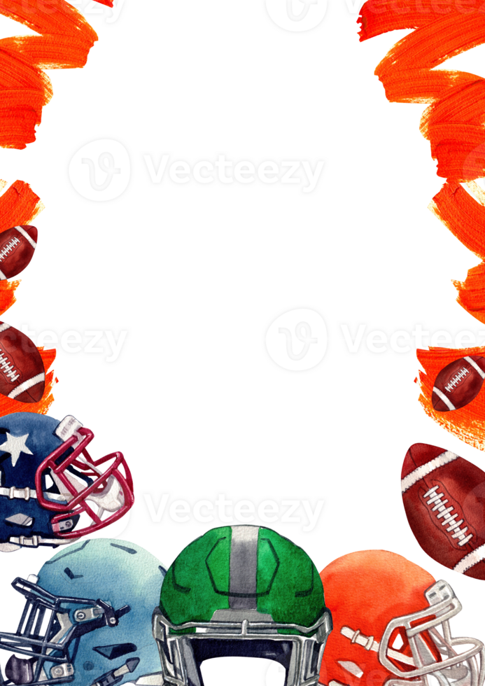Red paintbrush strokes and multi-colored American football helmets, balls flying around., hand-drawn watercolor frame design png