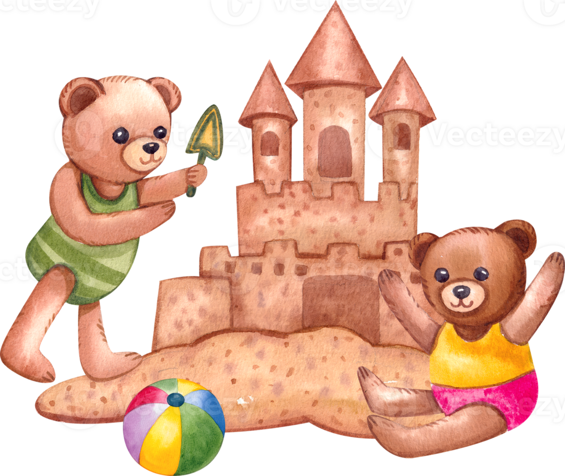 Handdrawn bear travel summer watercolor png