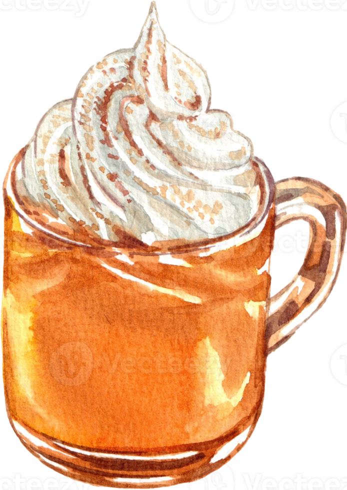 Handdrawn coffee with whipped cream watercolor png