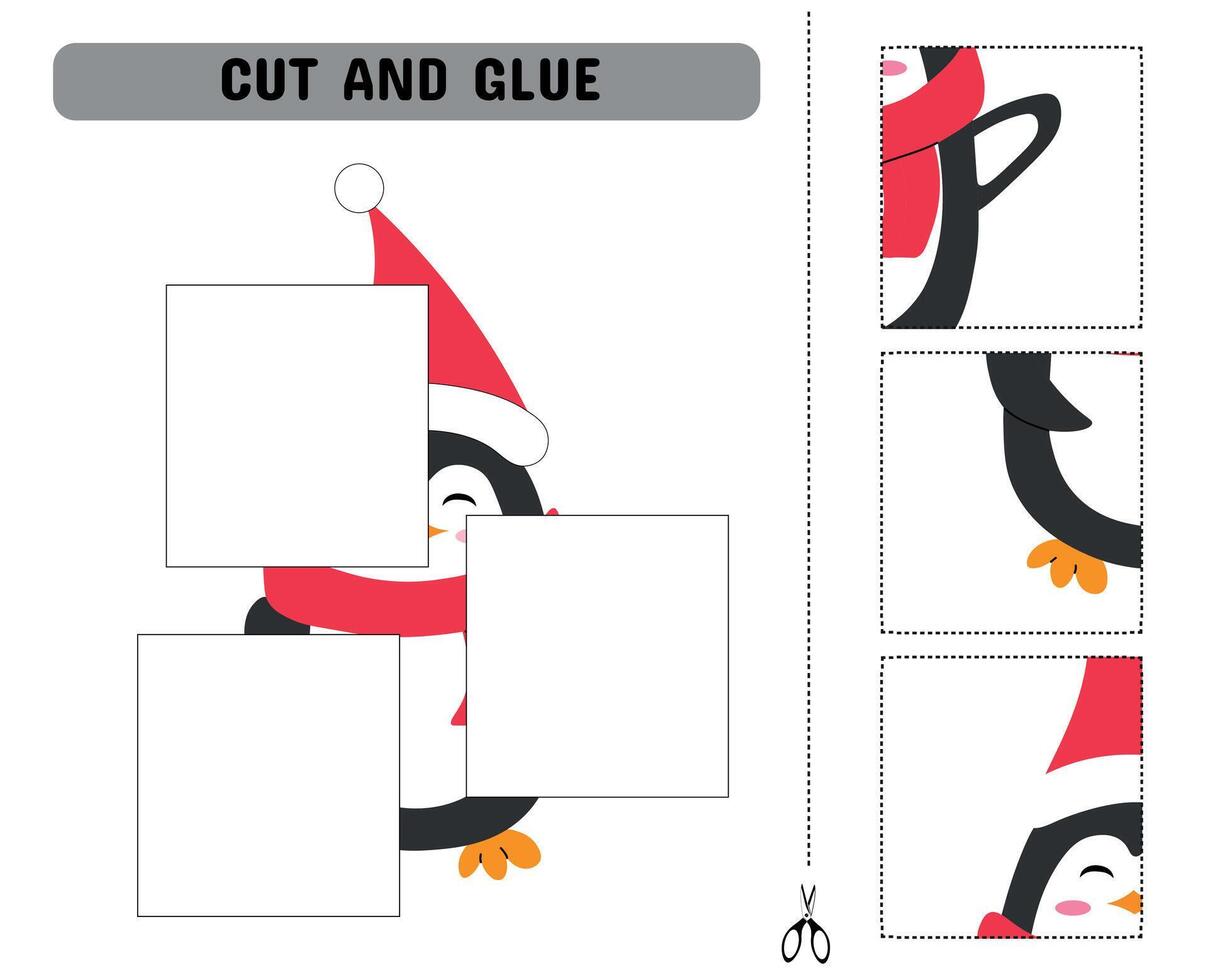 Cut and glue a penguin wearing a Christmas hat. An educational game and craft activity for preschoolers and kindergarten, provided as a printable sheet in format. vector