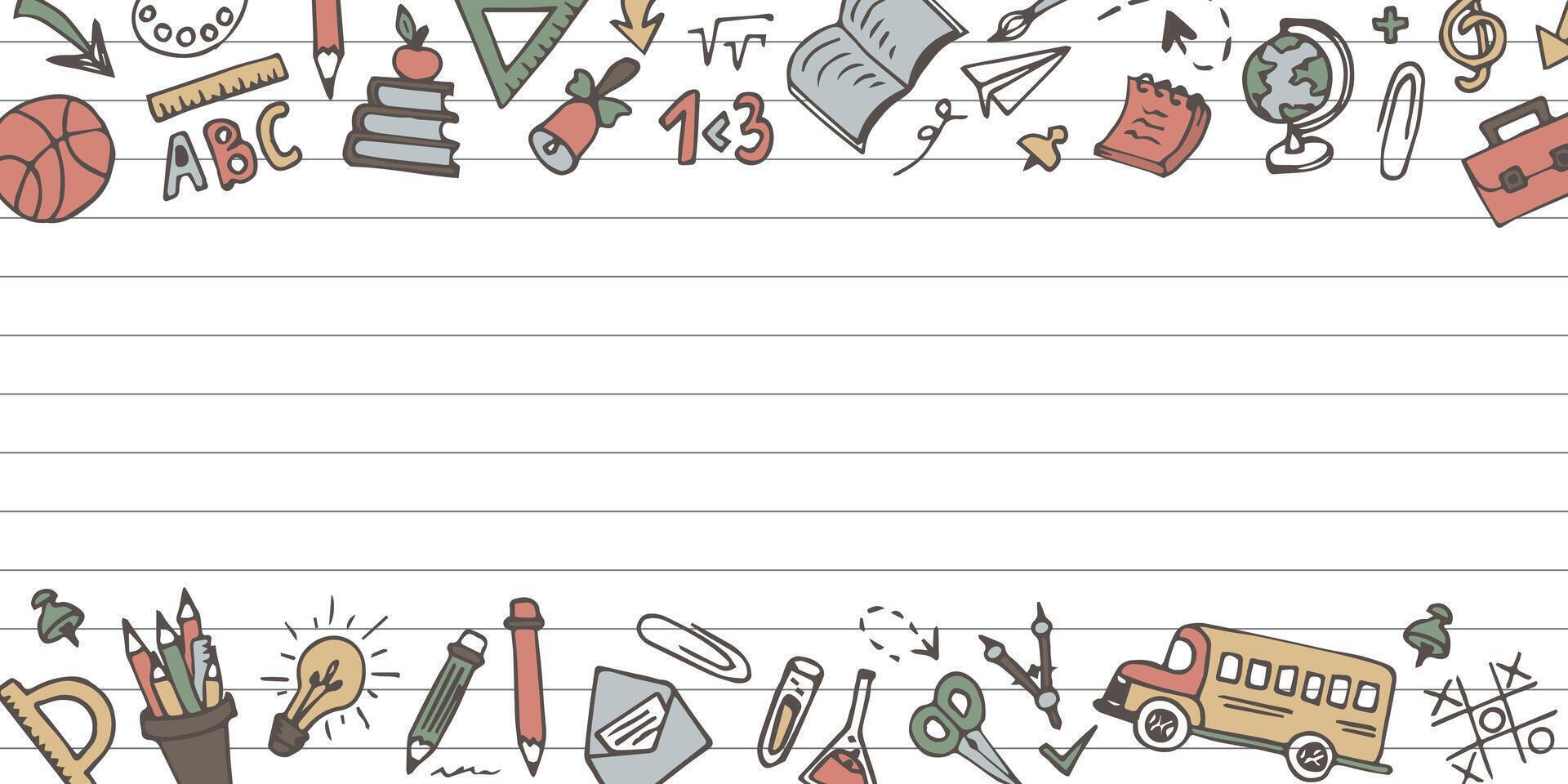 School doodle frame with place for text. School, study and education. A sheet of paper is surrounded by school supplies. vector