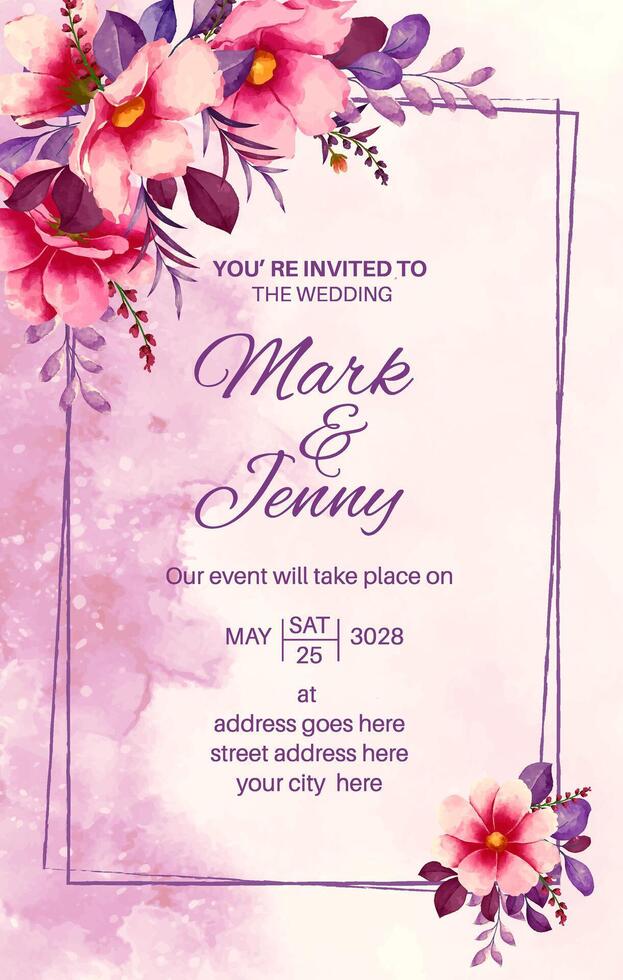Romantic Botanical Floral Wedding Invitation Card Design with Watercolor Background and Isolated flower Elements vector