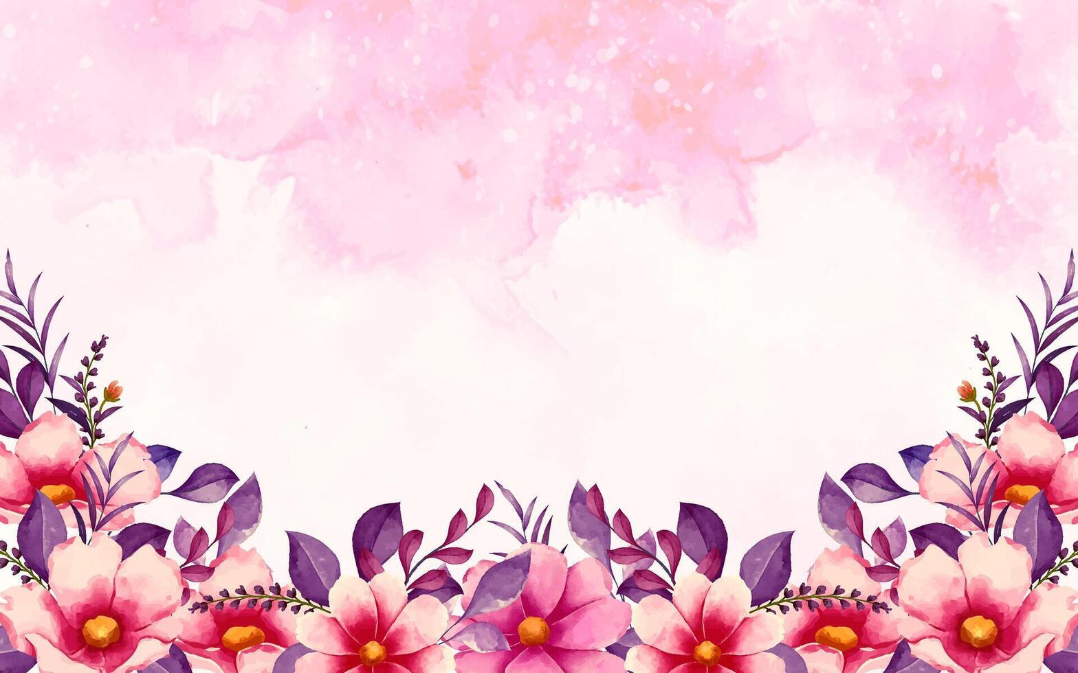 Watercolor Floral Background with Pink Flowers and Purple Leaves vector