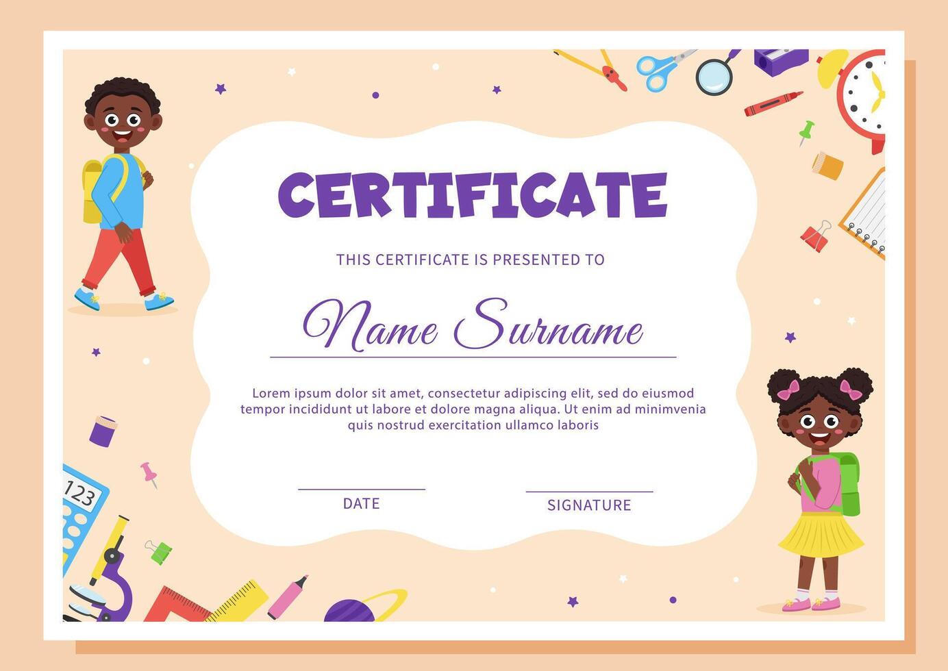 Certificate template with school supplies and schoolchildren. vector