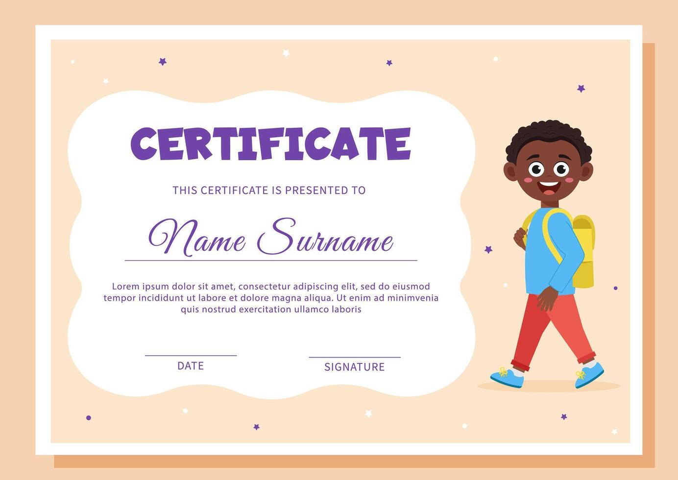 School diploma, certificate template with schoolboy. vector