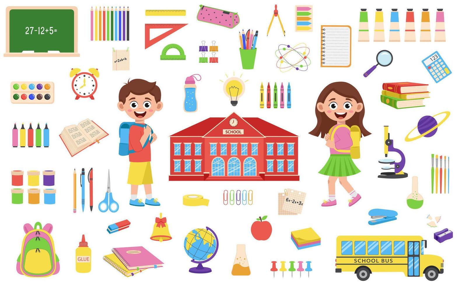 School supplies set and schoolchildren. Back to school. vector