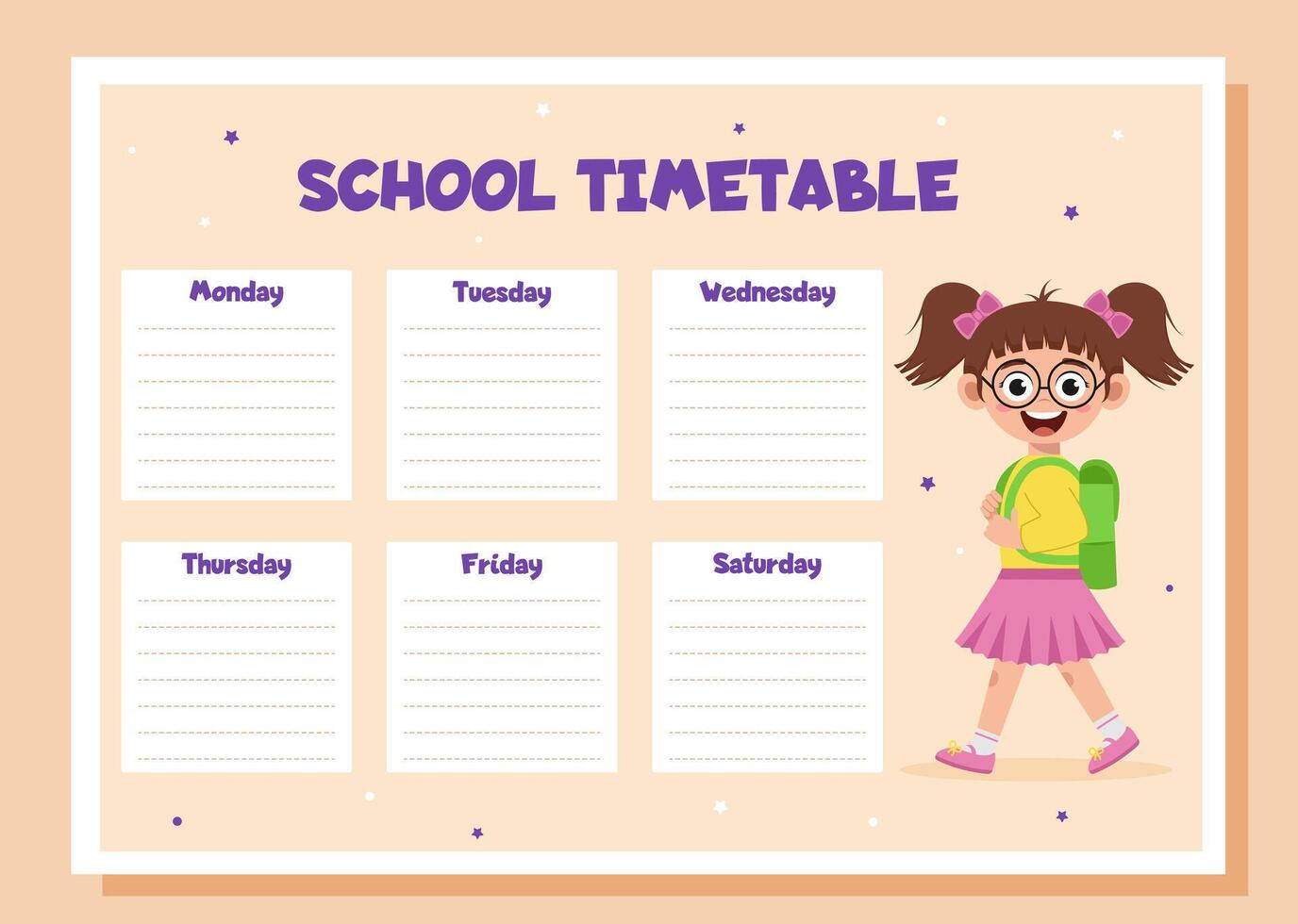 School timetable. School weekly planner with schoolgirl. vector