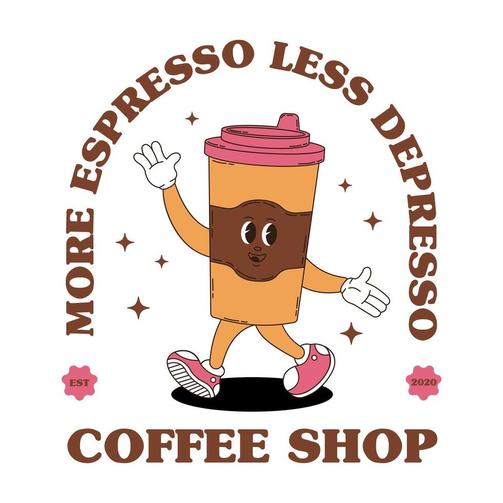 Retro logo mascot with coffee. Groovy food mascot for coffee shop, cafe menu and more. vector
