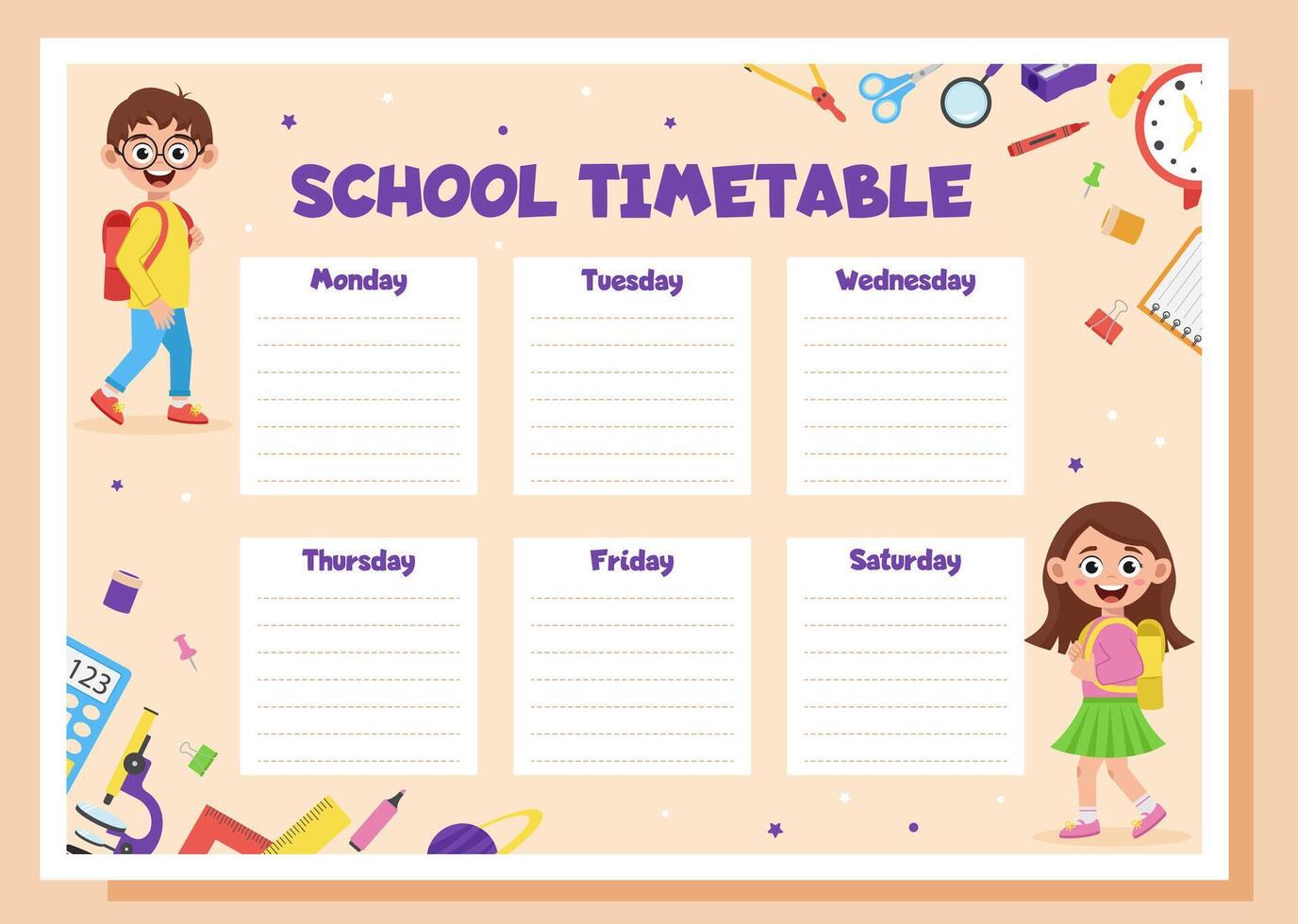 School timetable, lesson schedule and organizer template. Study weekly planner with school supplies and schoolchildren. vector