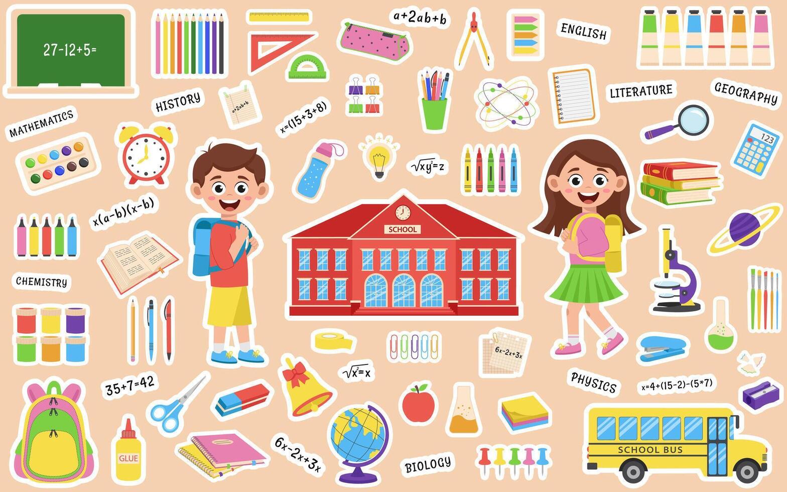 Set of school supplies and schoolchildren stickers. Back to school. vector