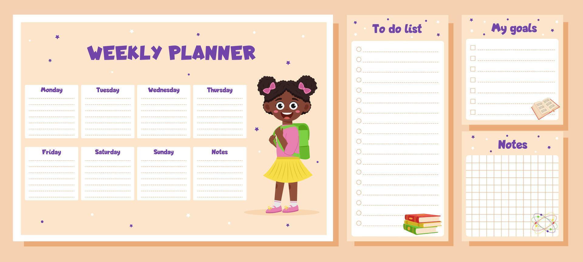 Set of kids planners. Weekly planner, to do list, notes, goals for children. vector