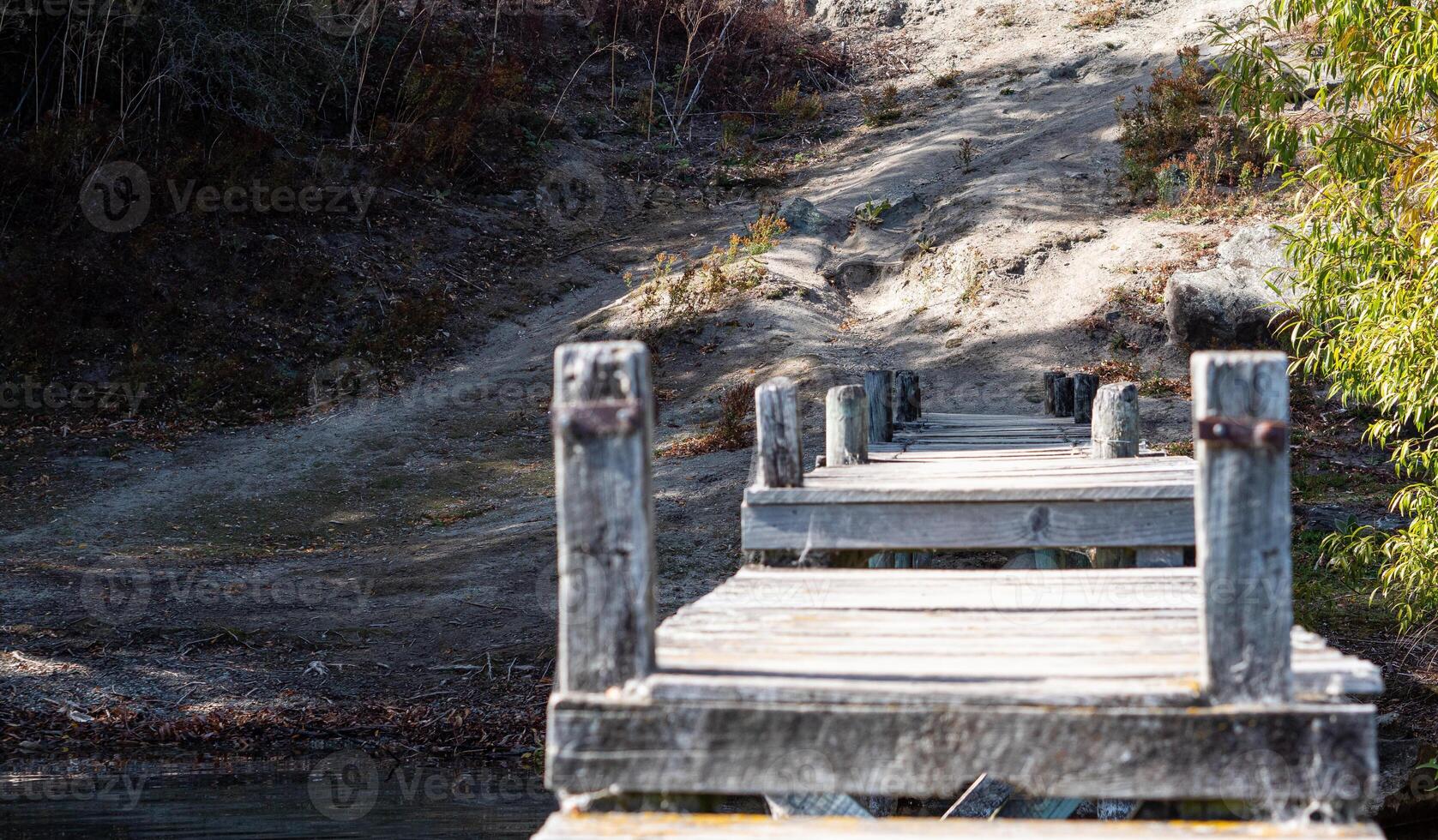 Wooden jetty bridge in the water calm clear lake Hayes New Zealand photo