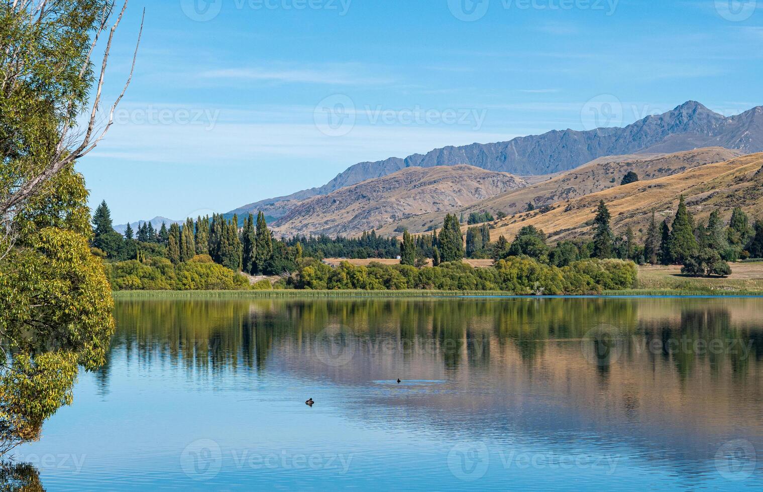 Gorgeous views of lake hayes in New zealand clear day hills photo