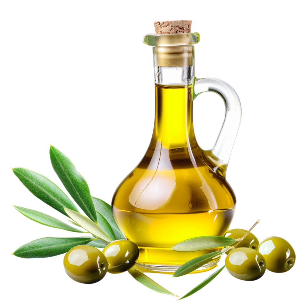 Bottle of olive oil and olives isolated on transparent background png