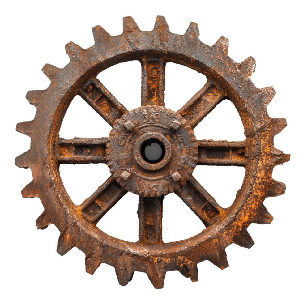 A closeup of a gear made of metal with a rustic brown color isolated on transparent background png