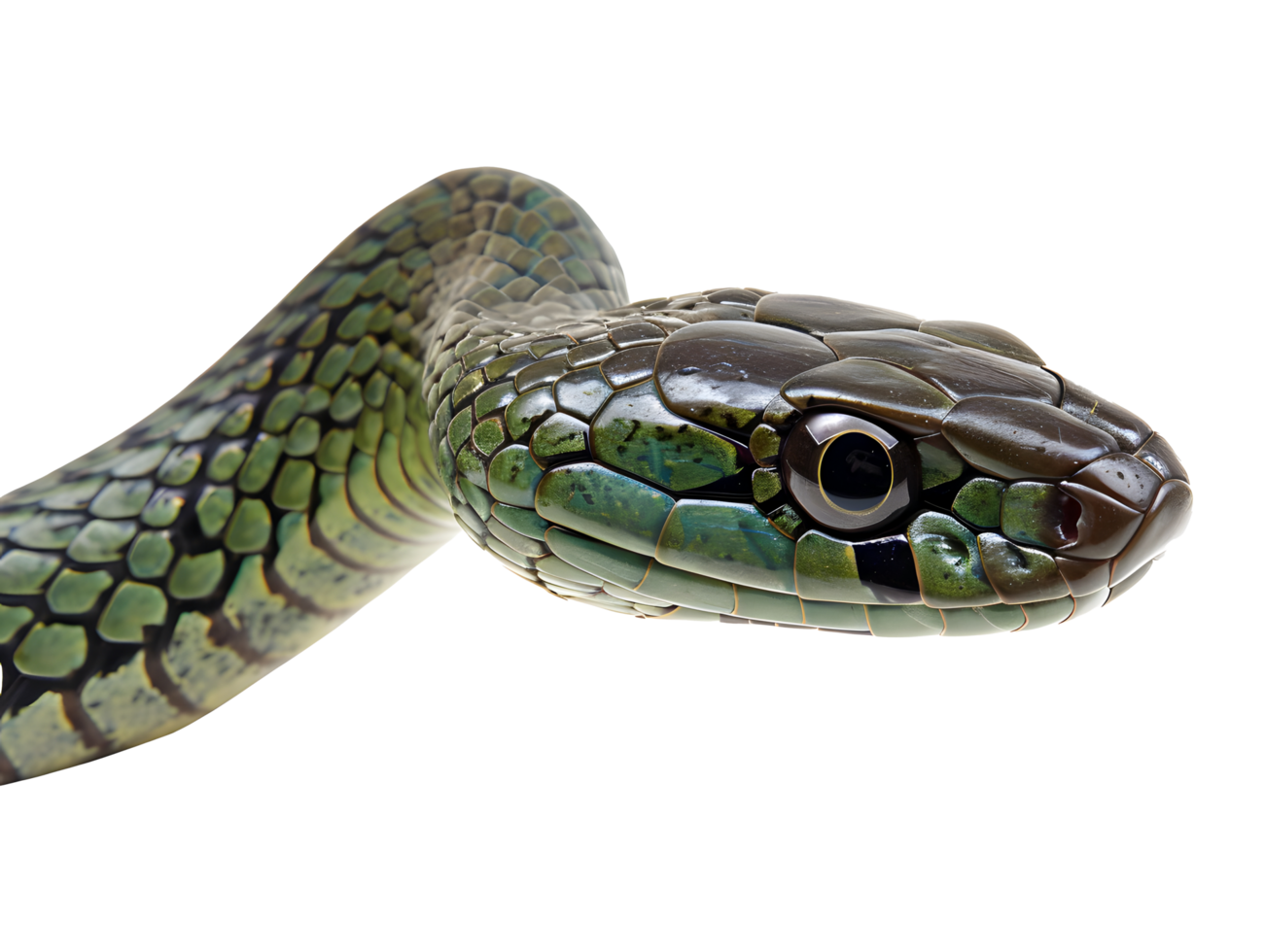 green snake head close-up on transparent background png
