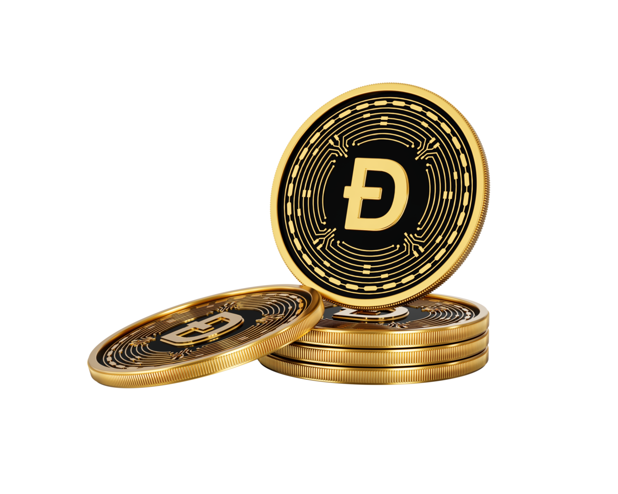 Stack Of Shiny Golden Cryptocurrency Dogecoin Rounded Coins Stack 3d Illustration png