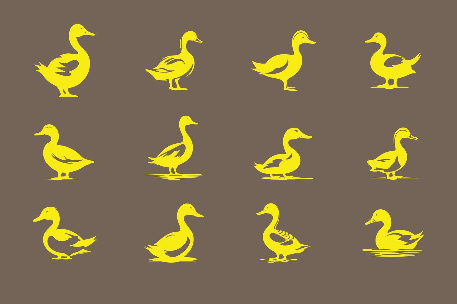 Ducks logo icon , set of swan silhouette 12 icons isolated on brown background vector