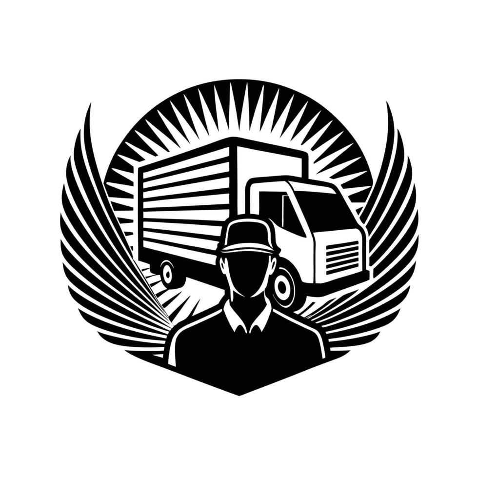 Delivery Van Silhouette Illustration with Driver Icon Badge Design vector