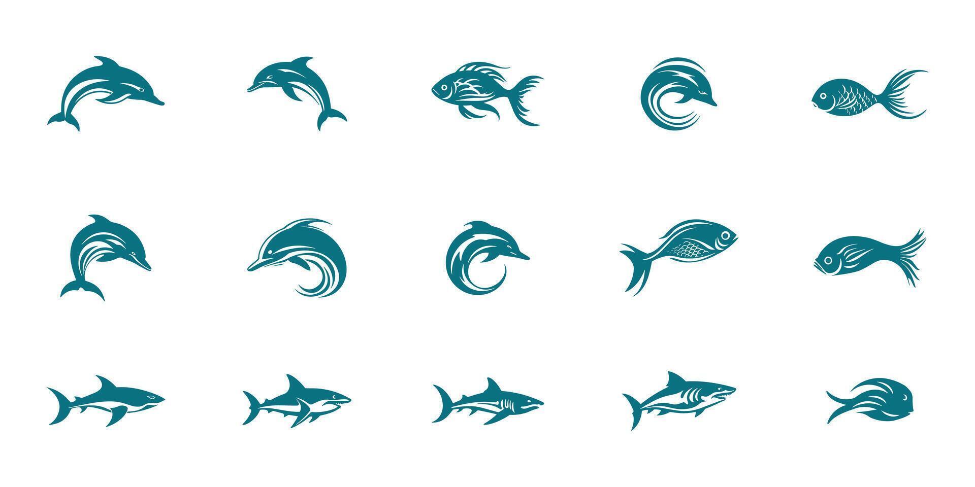 Set of different fishes icons logos, collection of fish isolated on white background vector