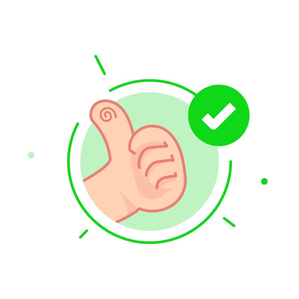 thumbs up icon with a check mark, symbolizing positivity, approval, or successful status. indicating that are completed, processes that are verified, no actions needed or that everything is in good vector