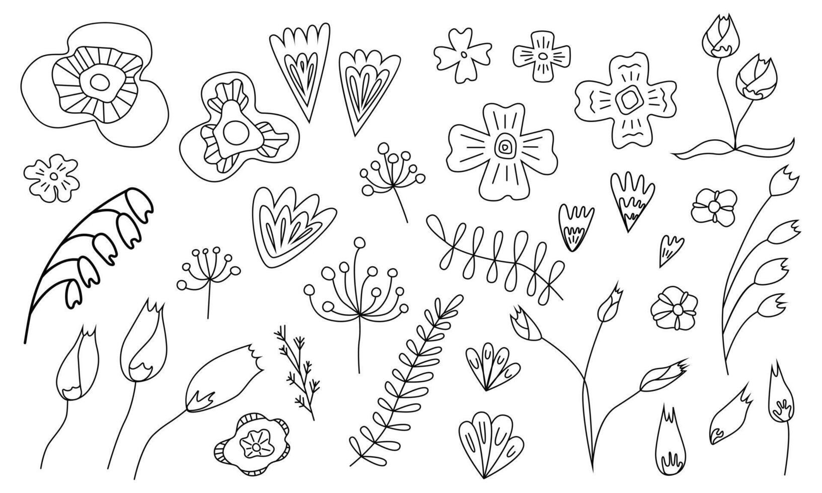 Hand drawn abstract wildflowers. Floral design with ornaments in Scandinavian style. Spring summer flowers blossom. Beautiful bouquet. Isolated illustrations on white background. Elements for design. vector