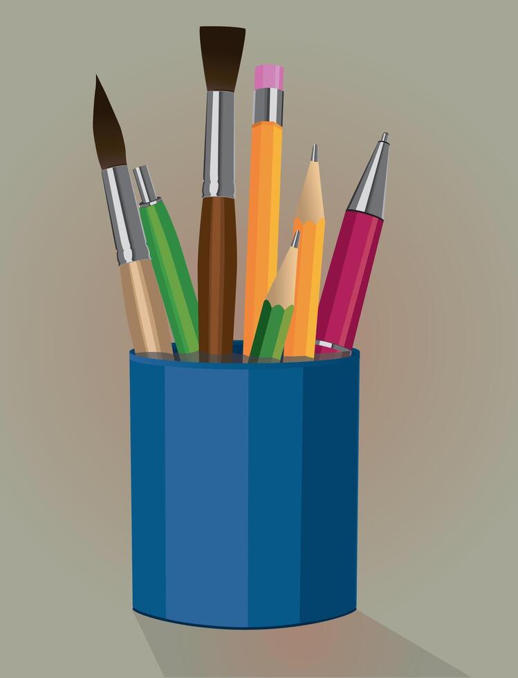A pen holder with pencils pens and paintbrushes vector