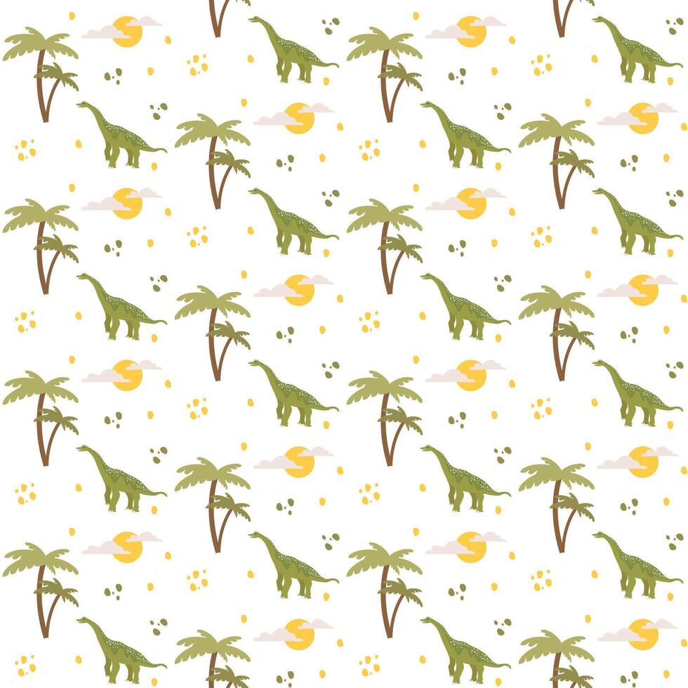 Seamless pattern with cute dino, dinosaur Brachiosaurus and palm tree, sun, clouds and stones, abstract children background vector