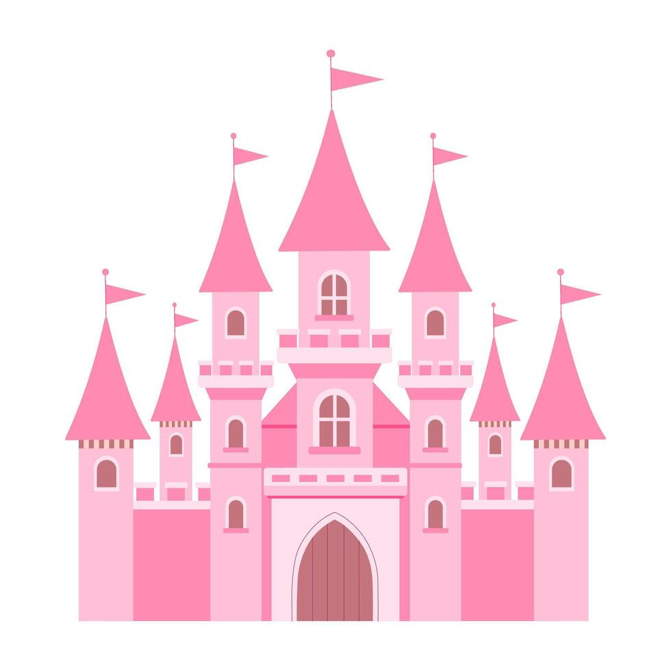 A pink castle with flags on top. The castle is very large and has many windows vector