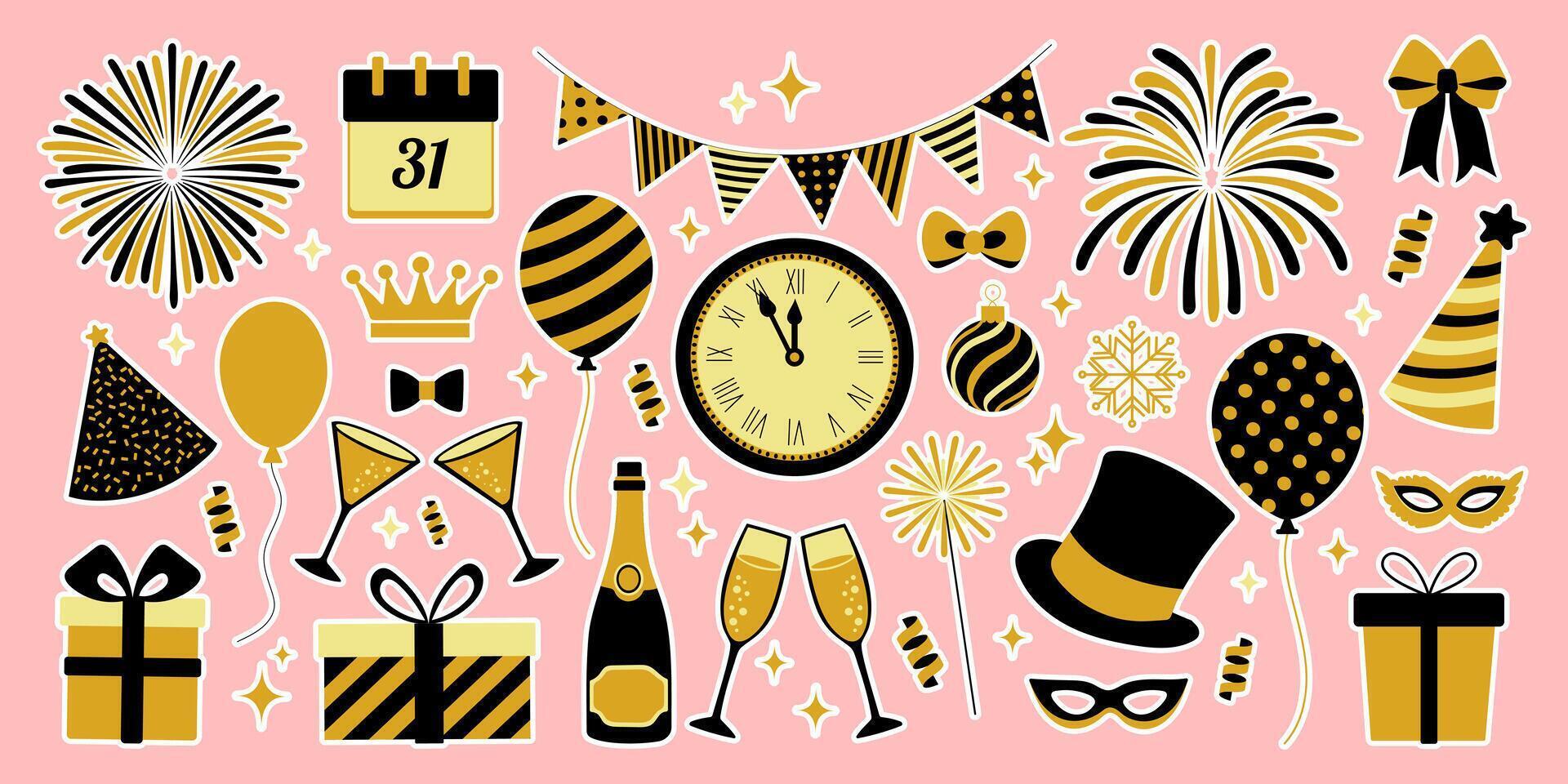 A colorful sticker sheet with various party decorations and a clock. Scene is celebratory and festive vector