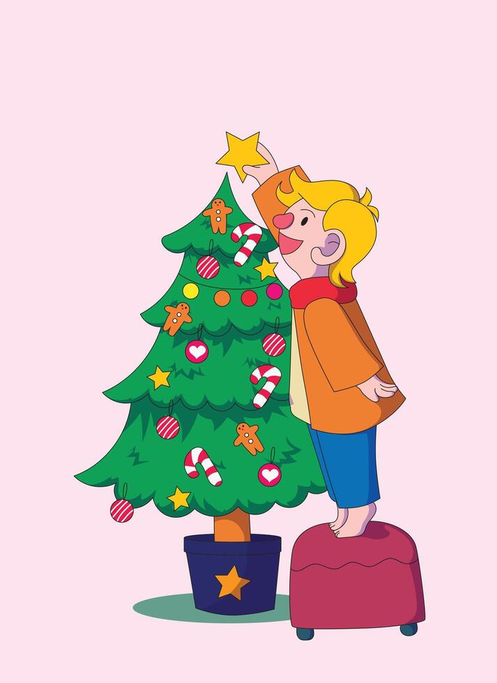 picture of a boy putting a star on a christmas tree. idea for greeting card. vector
