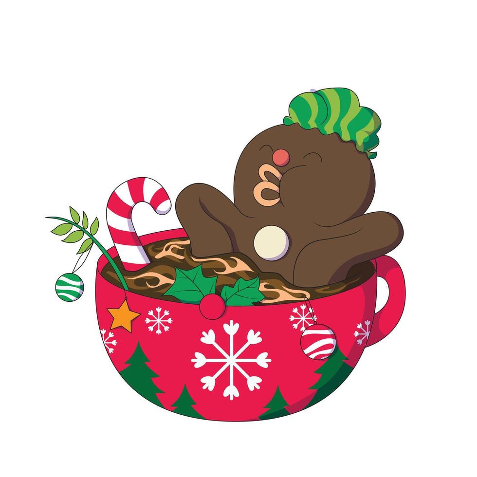 Christmas cookies with red and white candy canes swimming in hot chocolate in a red cup. vector