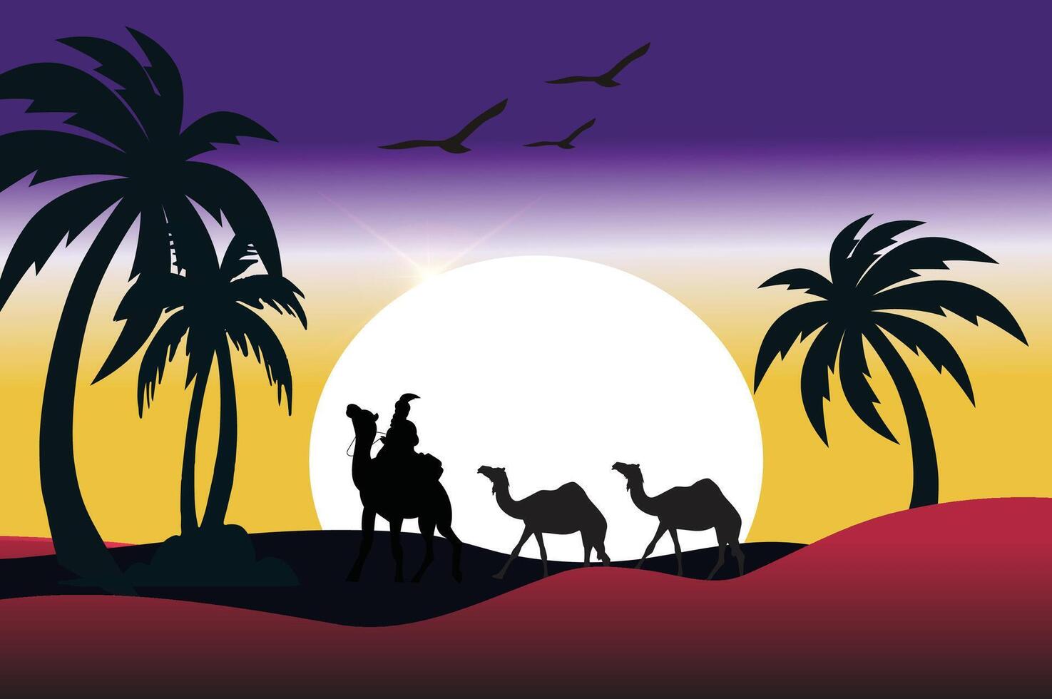 Saudi arab old camels in desert Arabian dunes and tree sun background vector