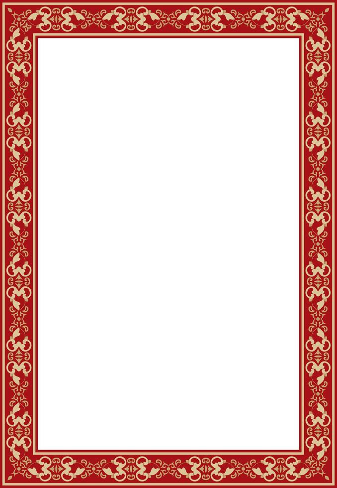 square gold with red ancient Russian ornament. Slavic rectangle, border, frame. Painting of the royal chambers. vector