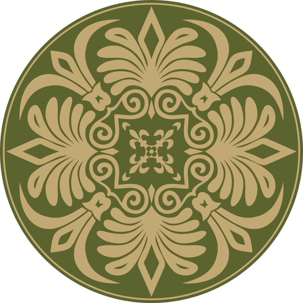 gold with green classic Greek round ornament. Circle of Ancient Greece and the Roman Empire. Byzantine painting of walls, floors and ceilings. Decoration of European palaces. vector
