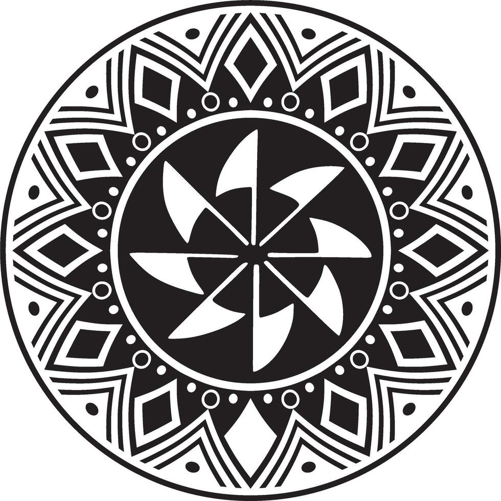 Native American round monochrome pattern. Geometric shapes in a circle. National ornament of the peoples of America, Maya, Aztecs, Incas. vector